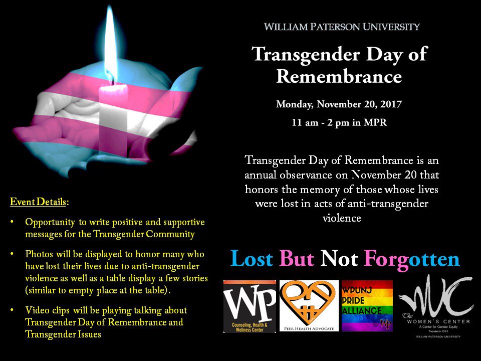 WPWomensCenter's tweet photo. Stop by the MPR today to honor #TransDayofRemembrance #wpunj https://t.co/7LomgpsW4z