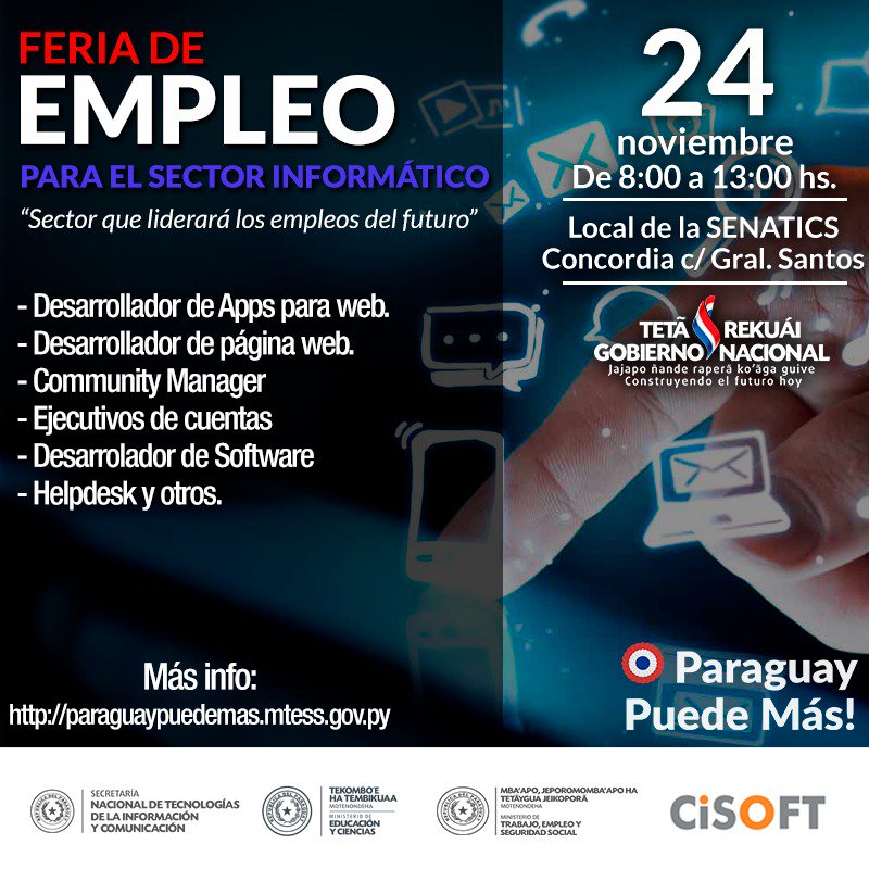 DGE_Py_'s tweet photo. Les esperamos el 24 de noviembre en el local de la SENATICS. #PyPuedeMás
Conocé e informáte más en: https://t.co/bUjx5RX7lF https://t.co/5rs4hPpD8M