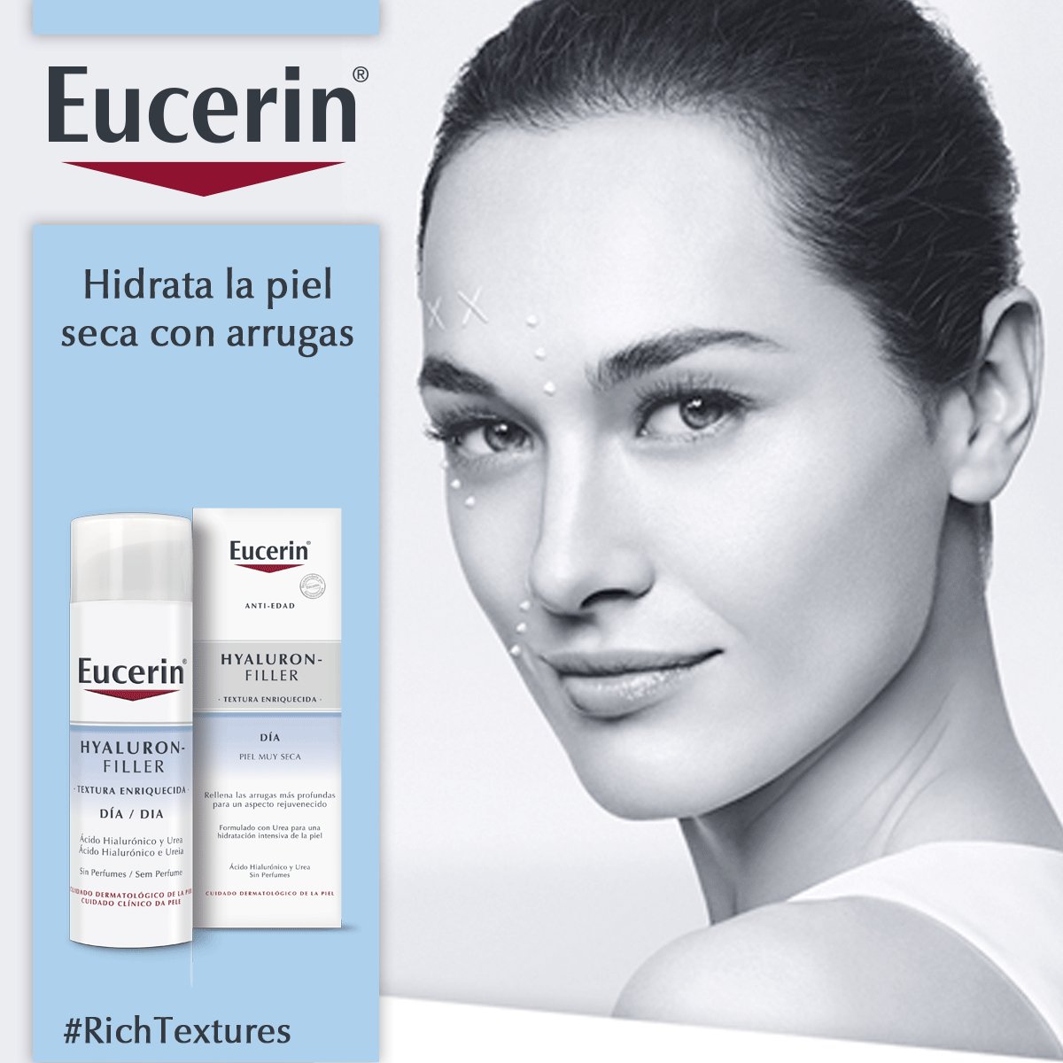 EucerinES's tweet photo. Hyaluron-Filler #RichTextures combina 5% de urea y ácido hialurónico para proporcionar humedad intensa mientras actúa contra las arrugas. #EucerinInnova https://t.co/zlYODMpHpn