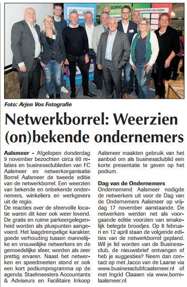 Redactionele aandacht in <a href="/nieuwemeerbode/">Nieuwe Meerbode</a> #Aalsmeer. Hartelijk dank voor de #publicatie. Netwerken loont! Mooie samenwerking tussen <a href="/BorrelAalsmeer/">BorrelAalsmeer</a> en <a href="/BC_FCAalsmeer/">BC FC Aalsmeer</a>  #MKB #ZZP #Netwerkborrel #Netwerkbijeenkomst #Winkeliers #FCAalsmeer #Businessclub meerbode.nl