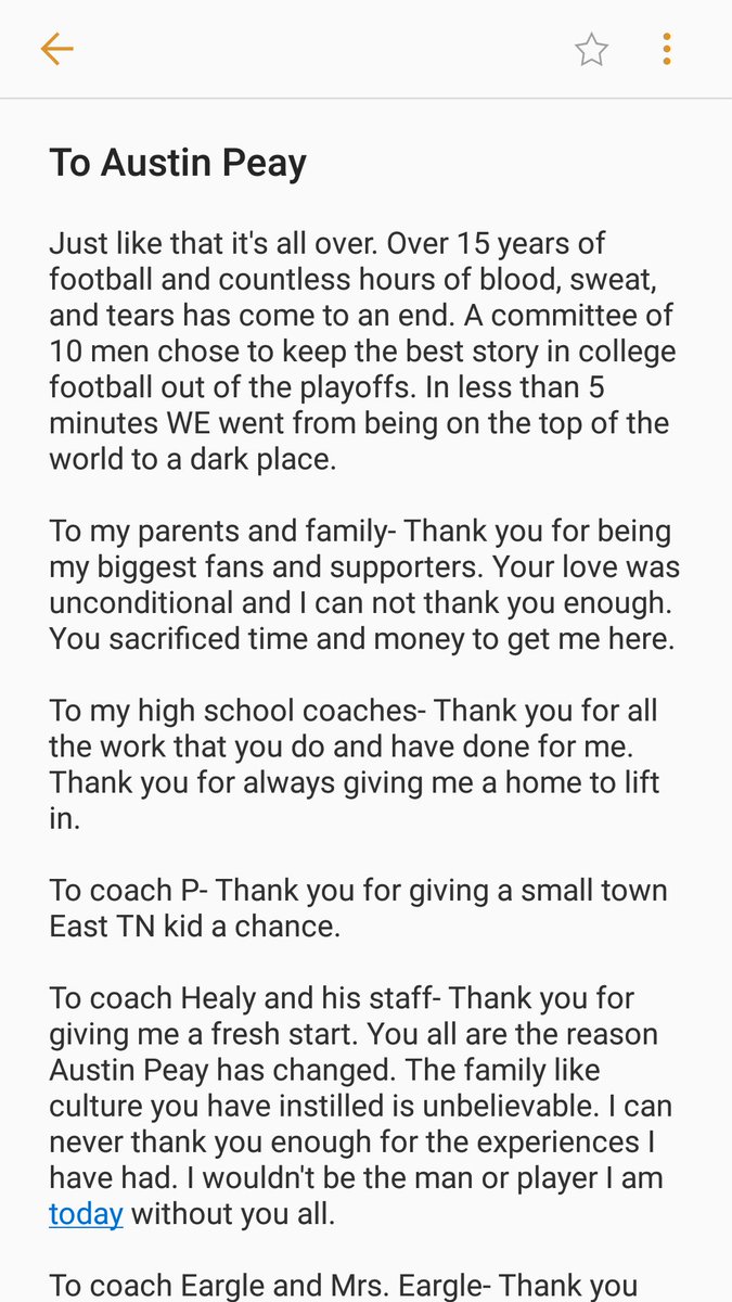 MaximusEwoldt's tweet photo. I would like to thank everyone involved with Austin Peay: fans, coaches, administrators, and teammates. You all gave me an incredible opportunity and experience. I never thought I could have so much fun playing football and changing a culture. THANK YOU #MissionAccomplished https://t.co/Y6CEYDsYp2