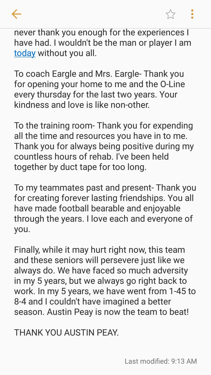 MaximusEwoldt's tweet photo. I would like to thank everyone involved with Austin Peay: fans, coaches, administrators, and teammates. You all gave me an incredible opportunity and experience. I never thought I could have so much fun playing football and changing a culture. THANK YOU #MissionAccomplished https://t.co/Y6CEYDsYp2