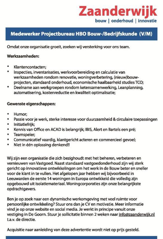 Omdat onze organisatie groeit, zoeken wij versterking voor ons team. #vacatures #bouw #werk #zaanderwijk #innovatie