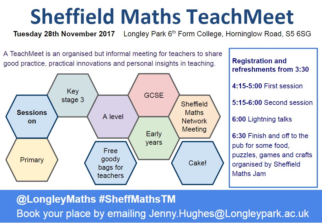 LongleyMaths's tweet photo. Come to Sheffield Maths Teachmeet for cake, ideas, freebies and networking. Tuesday 28th Nov 4-6:30 at @longleyparksfc #SheffMathsTM https://t.co/LVq776tinr https://t.co/JPRxTIzLTz