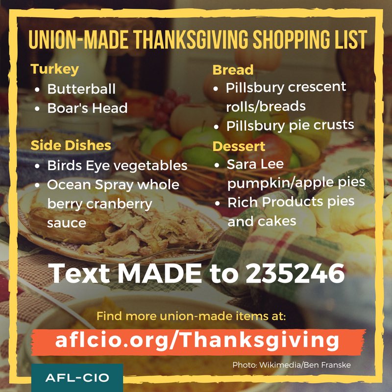 uupinfo's tweet photo. Buy Union this Thanksgiving! A text to 235246 gets you updates from the AFL-CIO's Union Label and Trade Services Department. @nysut @frederickkowal @AFTunion #unionism https://t.co/cI0YLEwdro