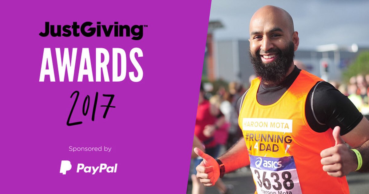 Haroon_Mota's tweet photo. Looking forward to attending th @JustGiving Awards Ceremony in London tomorrow. I'm a finalist for the 2017 Life Changer Award. Honoured to be amongst the final  3 in my category, from 31,000 nominations. Thank you everyone for your amazing support. #JGAwards #Running4Dad https://t.co/fC1CInFbIf