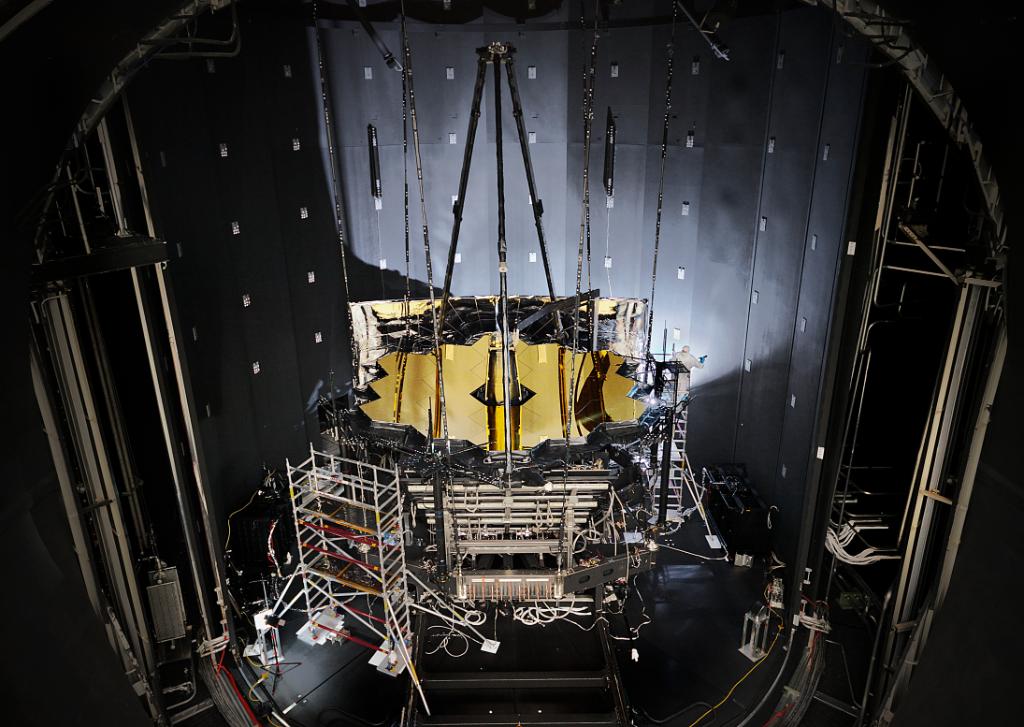 NASA’s James Webb Space Telescope sits inside Chamber A at NASA’s Johnson Space Center in Houston after having completed its cryogenic testing on Nov. 18, 2017.