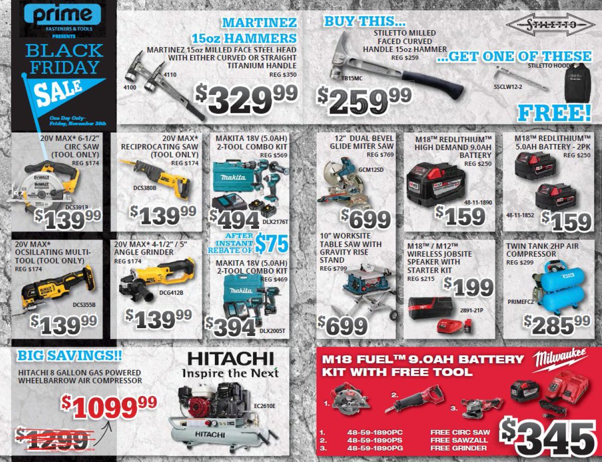 Prime Fasteners On Twitter Black Friday Sale At Prime Fasteners This Friday 1501 King Edward Winnipeg Dewalt Milwaukeetools Makita Bosch Hitachi Stiletto Martinez Hammers Tools Sales Deals Https T Co Ai3rsy7kjk