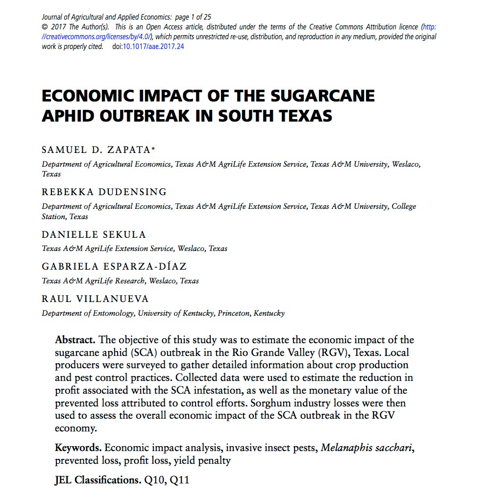 AgEcoEXT's tweet photo. RT @SZapataD12: Our study about the economic impact of #SugarcaneAphid in #RGV is now available on #JAAE https://t.co/XEXQHF3M9o https://t.co/5sMhYWzXVB