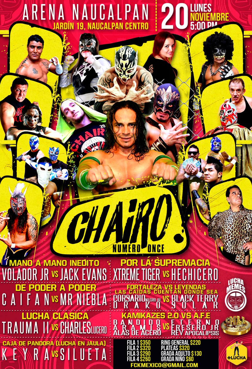 LuchaMemes's tweet photo. ¡Hoy es el día de #Chairo11! Día del regreso a la Arena Naucalpan, taquilla abierta desde la 1pm, boletos disponibles! 🔥 https://t.co/M529w072Zw