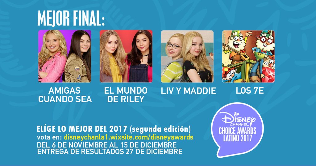 mydisneylatino's tweet photo. Vota por el #MejorFinal ingresando en https://t.co/ajwAvADUqi 🏆😍También puedes votar en twitter usando el hashtag #DCA2017 + Tu Favorito. #AmigasCuandoSea #ElMundoDeRiley #LivYMaddie #Los7E ¡Elegir lo mejor del año está en tus manos! https://t.co/vW03oV34JR