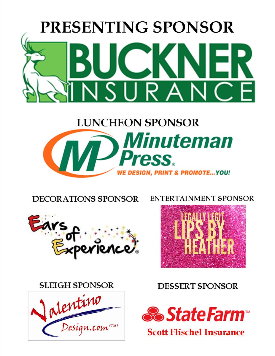 Thank you to our Annual Christmas Luncheon Sponsors! <a href="/BucknerIns/">Buckner Insurance</a>, Minuteman Press, Ears of Experience, Legally Legit Lips by Heather, <a href="/ValentinoUSA/">George J. Valentino</a> &amp; <a href="/StateFarm/">State Farm</a>