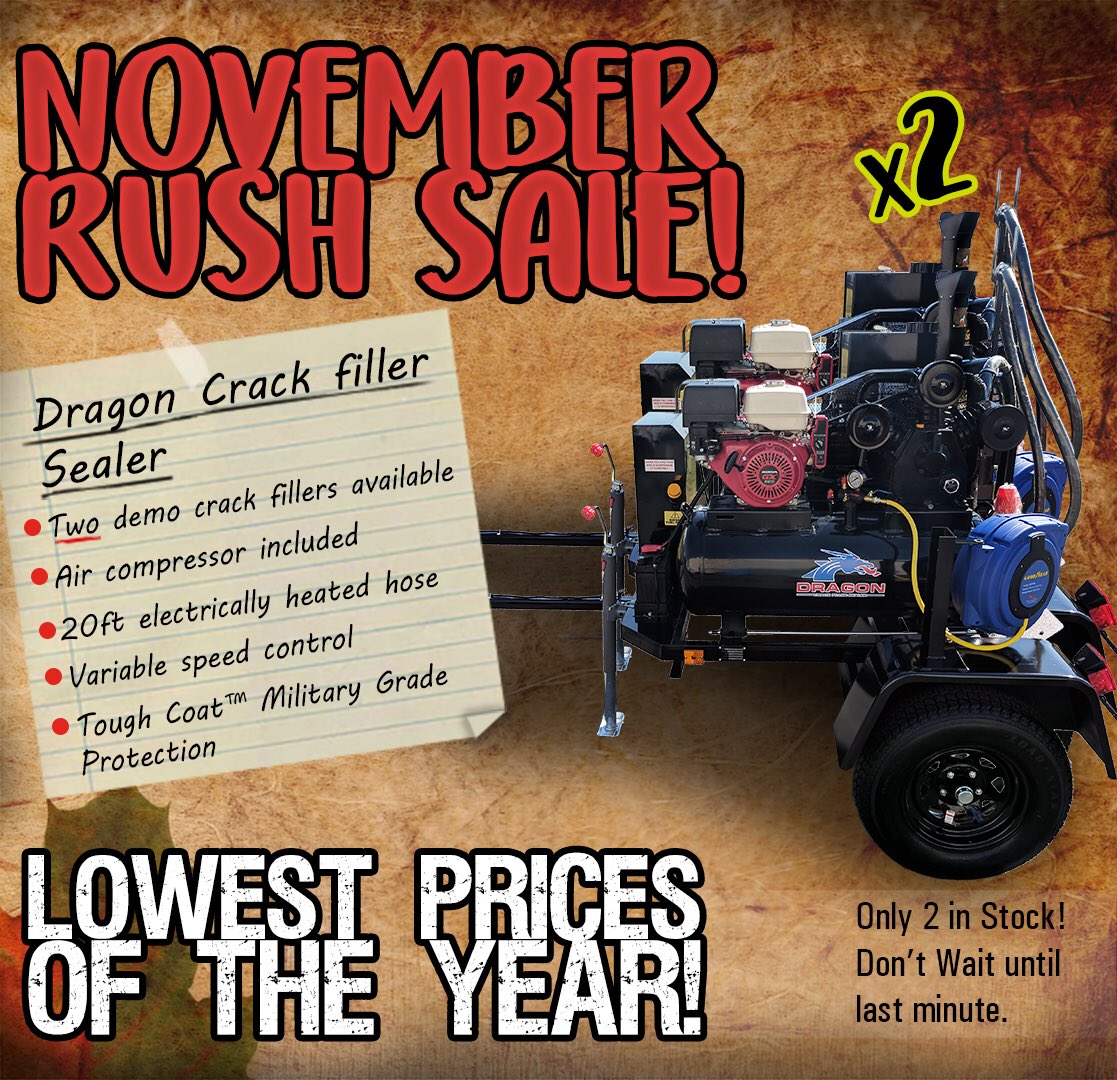 DragonAsphalt's tweet photo. Thanksgiving Savings! Reward yourself with the versatile Dragon Crack Filler-Sealer! Lowest Price of the Year!
#savings #thanksgiving #november #pothole #potholerepair #roadrepair #ny #ct #md #roadwork #dpw #construction #publicworks #pwanj #apwa #asphalt #dragon #road #heavy https://t.co/Kka8MNq9oL