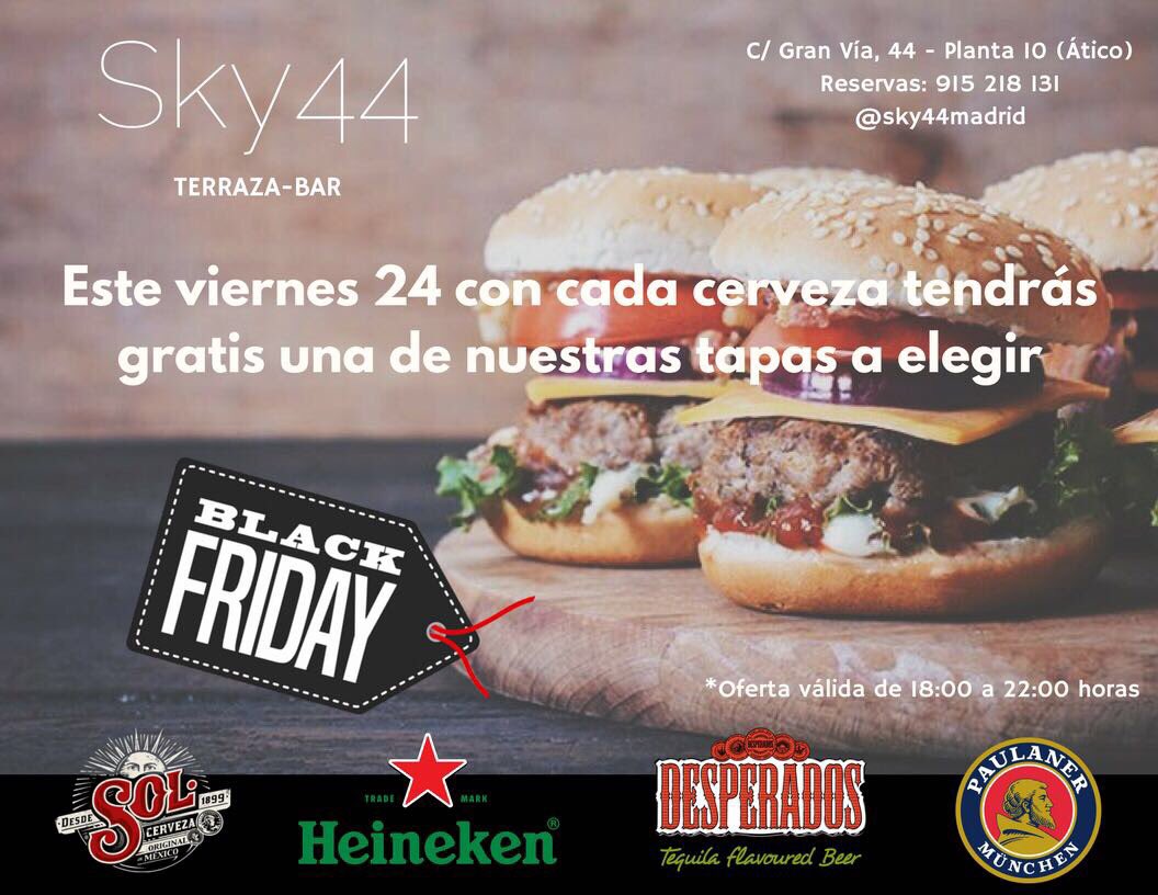 sky44madrid's tweet photo. Este Black Friday, cuando vengas al centro de compras no te olvides de recargar las pilas en Sky44. ¡Te esperamos!🍻 #sky44madrid #blackfriday #cerveza #tapas #azoteasdemadrid https://t.co/CDqspz18M1