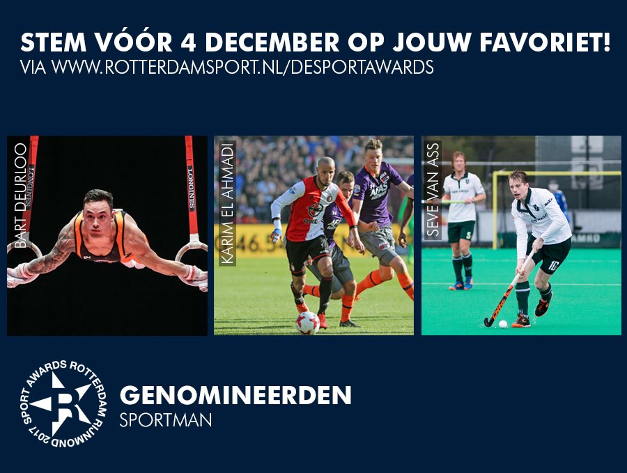 Sportstad's tweet photo. Wie is jouw favoriete sportman van 2017? Stem nu via https://t.co/6xdtQ7fslw op #KarimElAhmadi (voetballer @Feyenoord), #SeveVanAss (hockeyer @HCRotterdam) of @BartDeurloo (turner) en wie weet win jij 2 VIP-kaarten voor de uitreiking op 11-12 op @de_rotterdam! #cityofchampions https://t.co/oSPwf12WMx