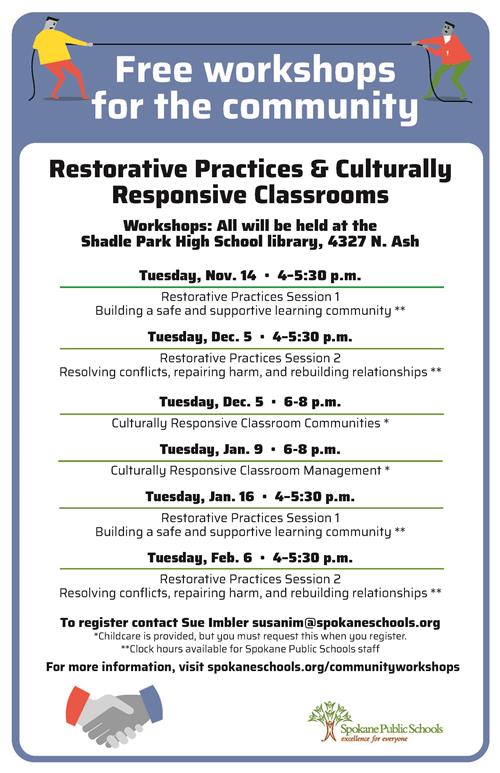 spokaneschools's tweet photo. The #Spokane community is invited to learn more about #Restorative Practices & #CulturallyResponsive classroom communities during several upcoming free workshops at #Shadle: https://t.co/T8eHBDdWKO https://t.co/agC5Y1dEZU