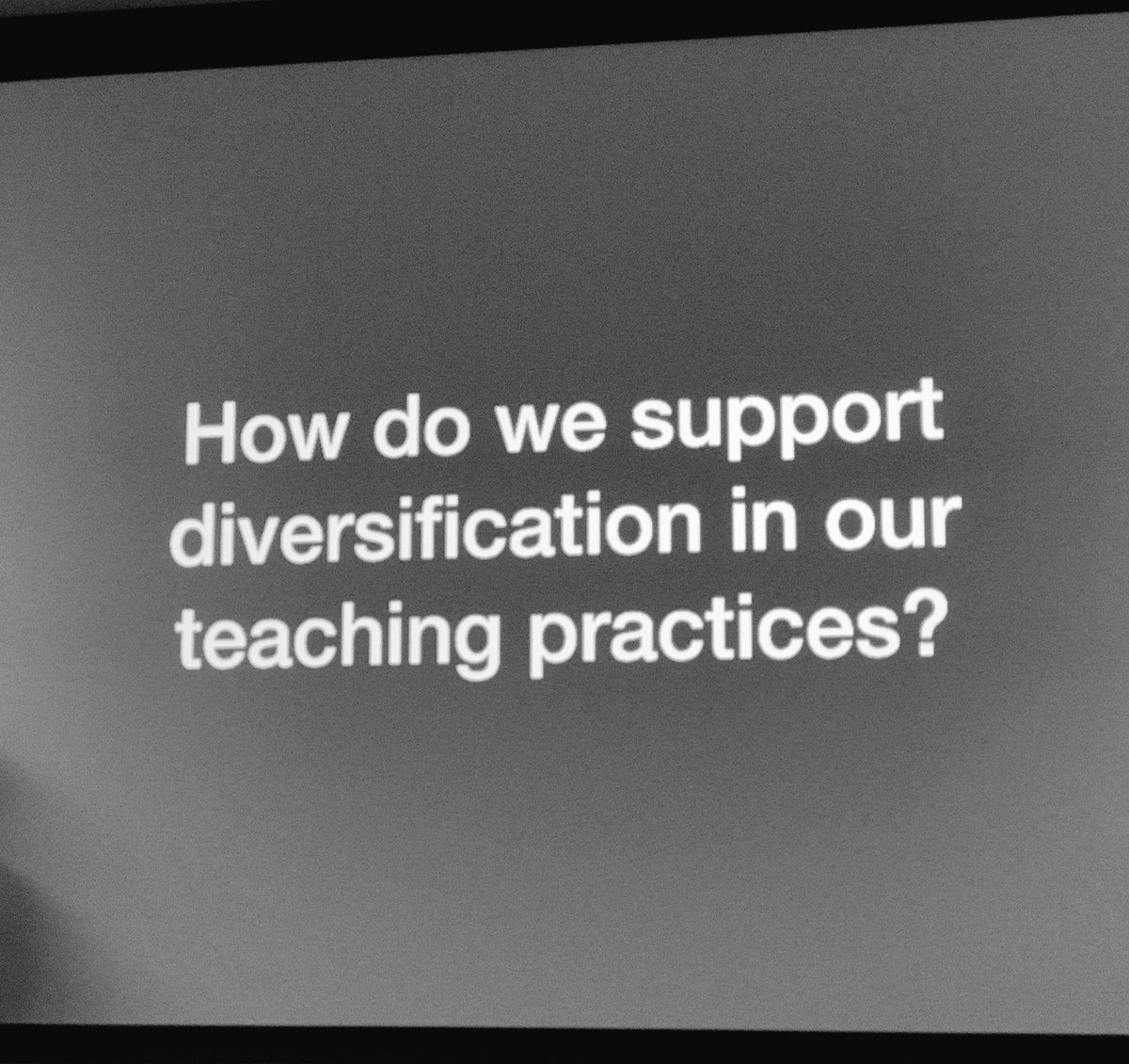 jeremy_bradbury's tweet photo. An important question that all educators should reflect and act on! — “How do we support diversification in our teaching practices?” from the inclusive design presentation by Jutta Treviranus (@juttatrevira) &amp; Jess Mitchell (OCAD) #TESS17 https://t.co/b1xTYRRxKd