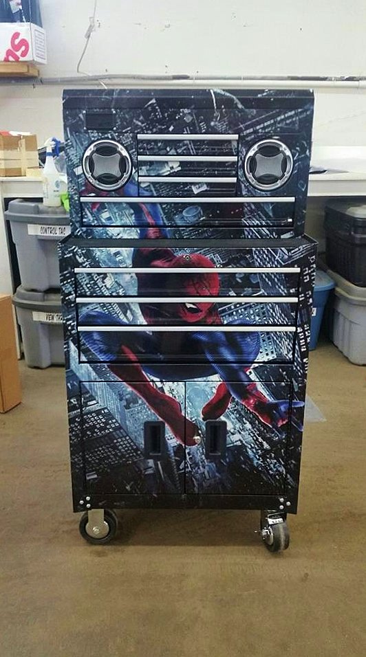 TrimLineDesign1's tweet image. Throwback to one of our most fun projects this summer, a custom Spider-Man toolbox wrap.