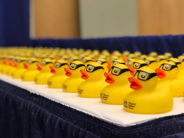 PhysRevFluids's tweet photo. Get your ducks in a row and swing by the Physical Review booth to pick up your PRFluids duck before they're gone! #APSDFD #PhysRevFluids https://t.co/3mihUxVYyT
