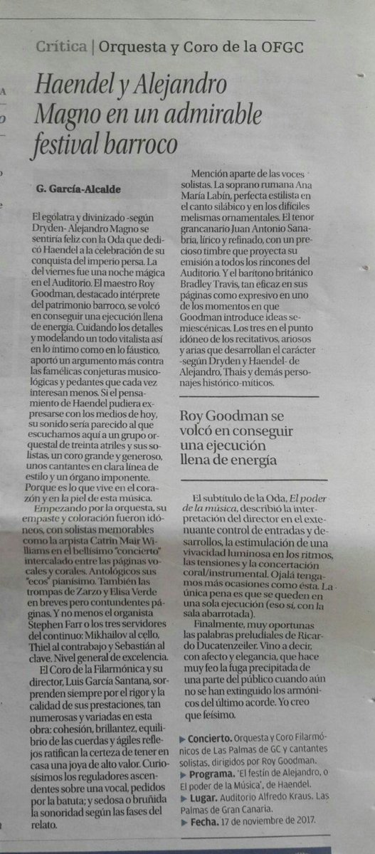 CorodelaOFGC's tweet photo. Muy buena crítica en /Great critic in @laprovincia_es @ofgrancanaria @bradleytravis7 #RoyGoodman #AnaMariaLabin #JuanAntonioSanabria https://t.co/ClPGoB2LVT