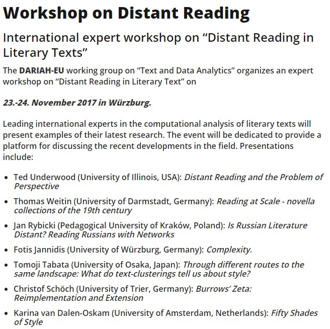 HDHispanicas's tweet photo. Workshop sobre #DistantReading, organizado por @DARIAHeu
📅 23 y 24 de noviembre
📍 @Uni_WUE  #Würzburg
https://t.co/Tj4RWL616I
#dariahevent @dariahtdawg https://t.co/voqNDhpAgX