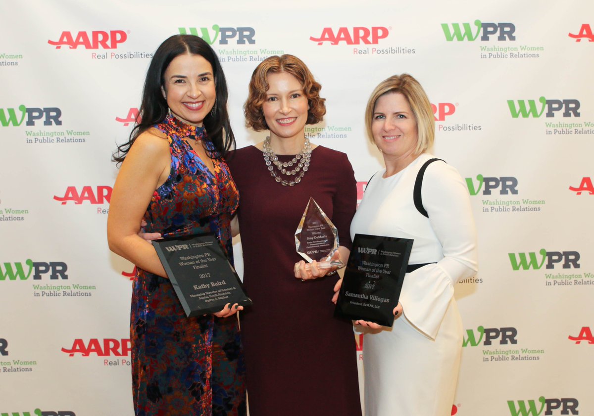 WWPR's tweet photo. Let's give one more big round of applause (or "likes" ๐) to this year's Washington PR Woman of the Year, @amydemaria, and finalists @SamanthaJVilleg and @kathymbaird. #WoY2017 #WomanUpDC https://t.co/UWYelk5Wsm https://t.co/XpXRmQU7i2