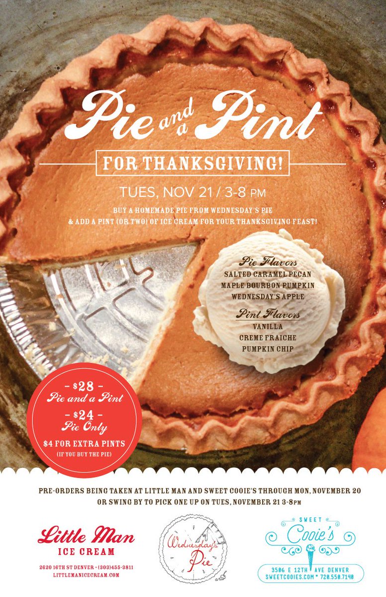 PIES &amp; PINTS tomorrow at Sweet Cooie's and <a href="/LittleManDenver/">Little Man Ice Cream</a>! Stop by between 3 and 8pm to pick up your Thanksgiving dessert.