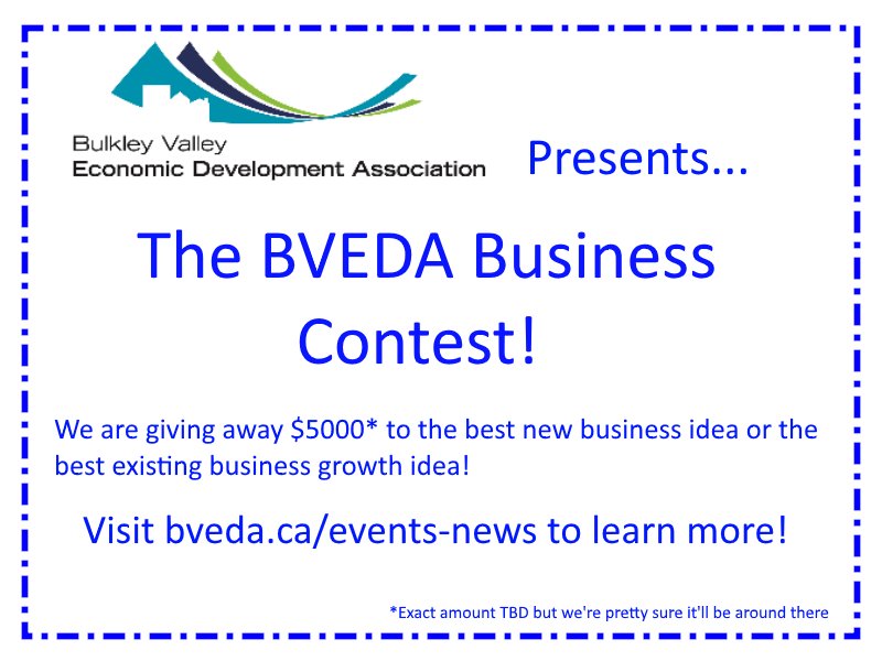 BizInHeaven's tweet photo. Give your next business development idea a kick-start in the New Year! Enter the BVEDA business contest today! https://t.co/QT2ogssBfl #Smithers #Telkwa #RDBN #BusinessContest https://t.co/i4ZZRk5i1w