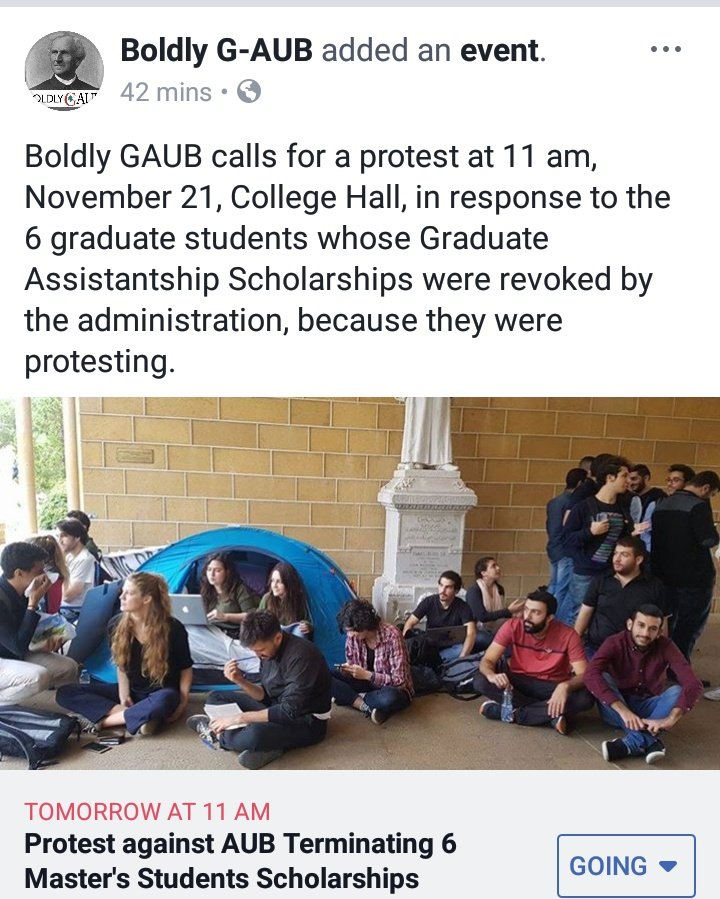 RadicalLU's tweet photo. قررت ادارة الجامعة الأميركية في بيروت بشكل تعسفي الغاء المبلغ الرمزي الذي كان يتلقاه طلاب الدراسات العليا مقابل عملهم (مدرسين مساعدين). واجه الطلاب القرار المجحف بحقهم  بكافة الطرق السلمية إلا أن الإدارة قررت سحب منح ٦ طلاب ناشطين.
يعتصم الطلاب غدا عند الساعة ١١. https://t.co/SRaXQ1vTnT