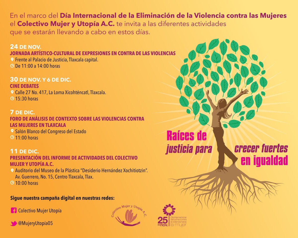 MujeryUtopia05's tweet photo. Campaña por la Eliminación de las Violencias contra las Mujeres. Acompáñamos y súmate
#RaícesDeJusticia
#NiUnaMás https://t.co/WWaQN700cT