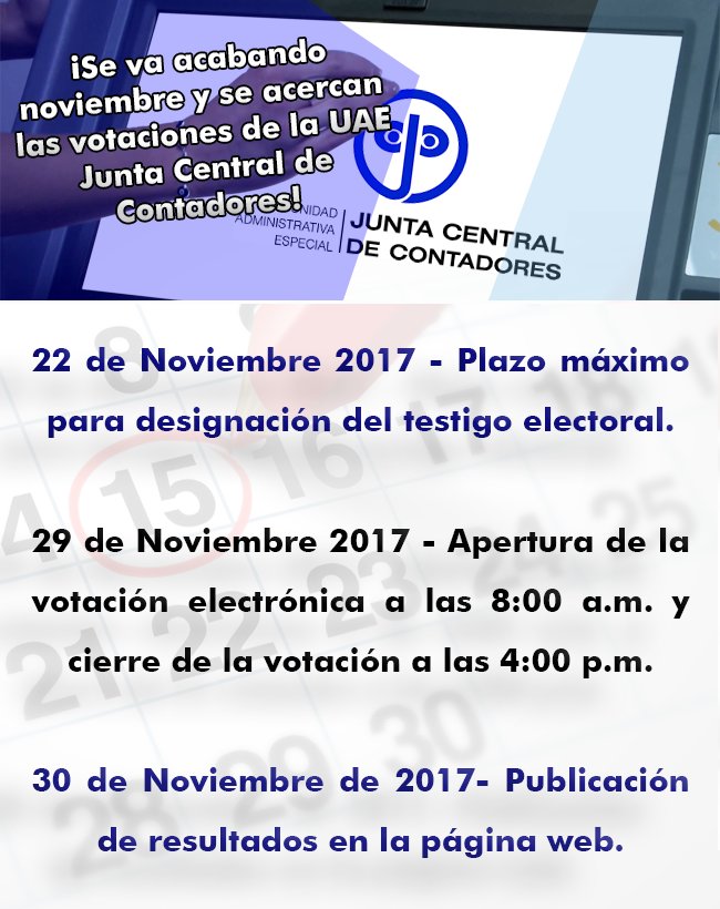#VOTACIONESJCC
 ¡Ya casi son las votaciones! <a href="/UAEjuntacc/">UAE - Junta Central de Contadores</a>
