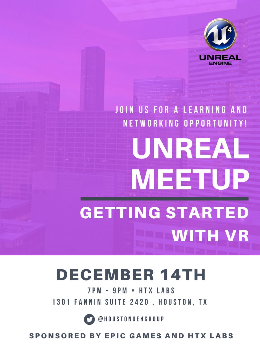 UnrealMeetupHTX's tweet photo. Join our next Houston Meetup: GETTING STARTED WITH VR IN UNREAL!
Officially sponsored by @EpicGames and @htxlabs 

https://t.co/B0IXpUa7ho

#houston #vr #ar #epicgames #ue4 #unrealengine #gamedev #VirtualReality #htx https://t.co/p1jFqDoOHN