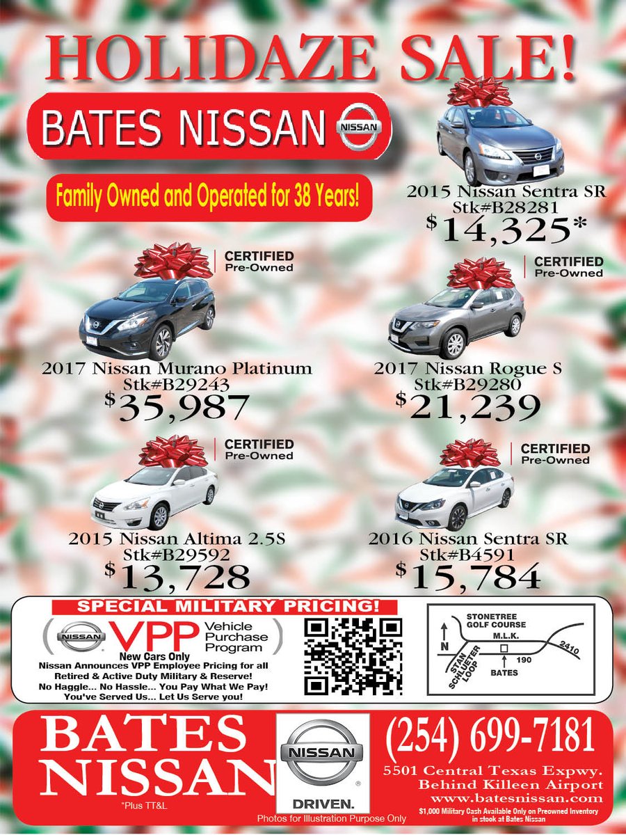 AmClassTemple's tweet photo. Holidaze #Sale going on at @BatesNissan1! #Cars #Trucks #Vans #SUVS Their ad in 2017 Holiday Gift Guide, out in the stands this week 11/16! #AmericanClassifieds #Texas #Temple #Killeen #Austin #ThriftyNickel #SmallBusiness #LocalBusiness #LocalDealership #LocalAds https://t.co/Z90QDZfxR6
