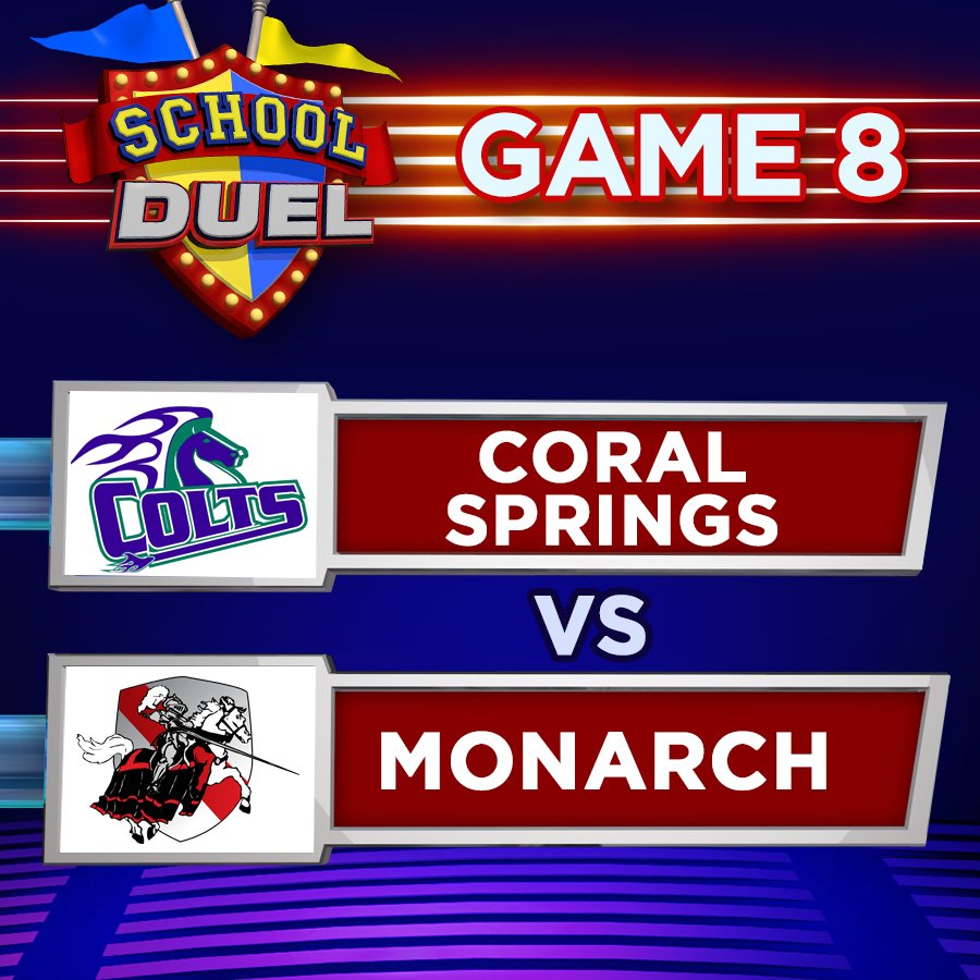 SchoolDuel's tweet photo. Game 8 is #CoralSpringsHigh vs #MonarchHigh!  Who are you rooting for?
Come back tmrw to find out who plays in Gm 9 of #SchoolDuel 2018!

@Coralspringsfla @CoralSpringsFL @principalCSHS @coltchronicle @monarchhighyb@monarchknights @MHShighlights   @KNIGHT_L1FE @knightsof18 @Jneer https://t.co/rtkgaPpAHv