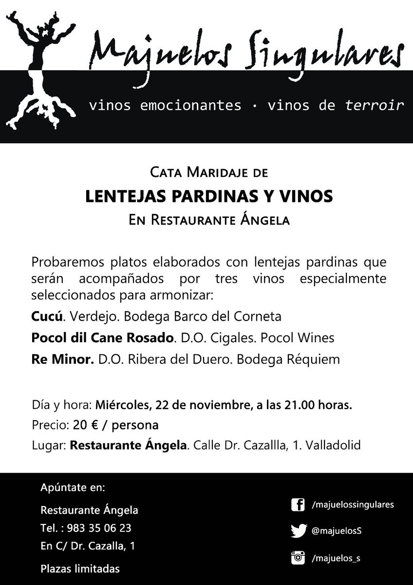 MajuelosS's tweet photo. ¡Cómo nos gusta el Rock&amp;Roll! Y esta semana vamos bien servidos:
-> Miércoles: Cena maridada en @ANGELARESTAURAN , platos elaborados con lenteja pardina y maridados con #Cucú, #PocoldilCane y #ReMinor
-> Jueves: Cata de Bodegas l en Majuelos Singulares
¡Nivelazo! https://t.co/5kcMpXt554