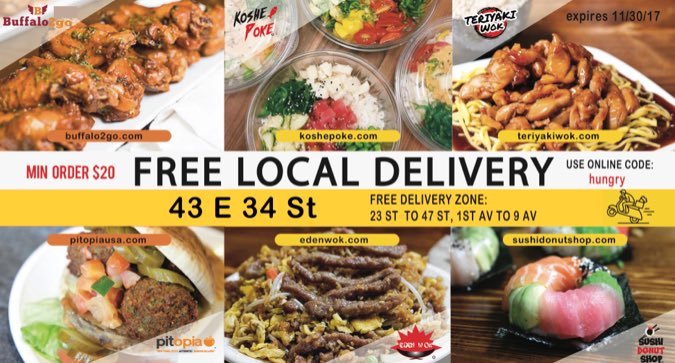 kosherinmidtown's tweet image. Pitopia &amp;amp; Buffalo2go have joined Eden Wok, Koshe Poke,
Teriyaki Wok &amp;amp; Sushi Donut Shop at 43 E 34 St. 
They are all under the Kosher Supervision of the OU &amp;amp; open until 10 pm❗️Free Local Delivery with Online Orders❗️