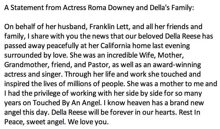 ABC's tweet photo. JUST IN: Della Reese, singer and actress who starred in "Touched by an Angel," has died at age 86, her family says. https://t.co/kAOks0wQYG https://t.co/yCUV6u1P01