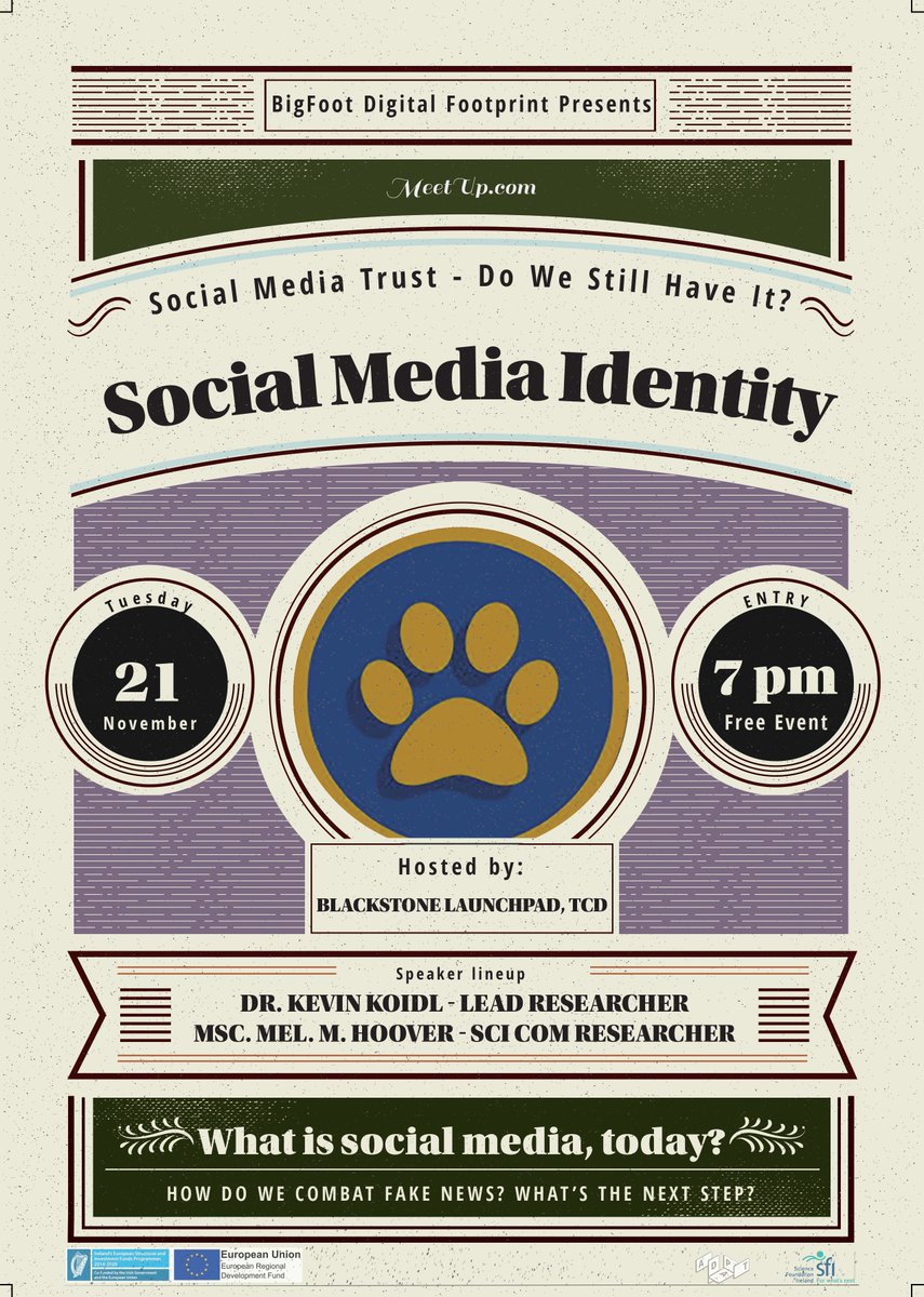 BigFoot_Digital's tweet photo. @StoryHealy if you're looking for a #fakenews #story @koidl will be presenting on #trust in #socialmedia @LaunchPad_TCD 21 Nov, 7-8 pm for #BigFootDigital footprint first #meetup - this is a #media invite - real, fake news study to be discussed. https://t.co/x1oVIRhzpN