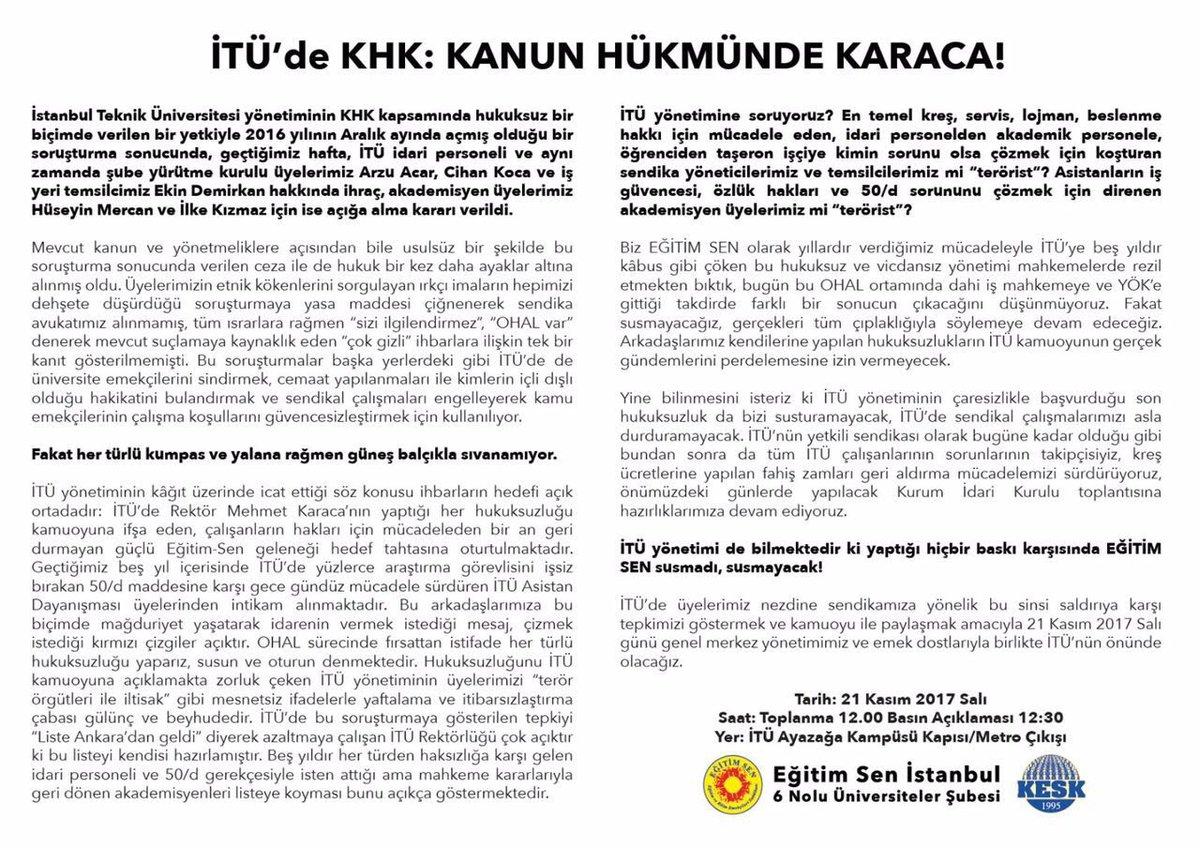 Uyduruk KHK'larınız ve atanmış rektörlerinizle arkadaşlarımızı İTÜ'den atamazsınız. #KanunHükmündeKaraca
#KahrolsunİstibdatYaşasınHürriyet