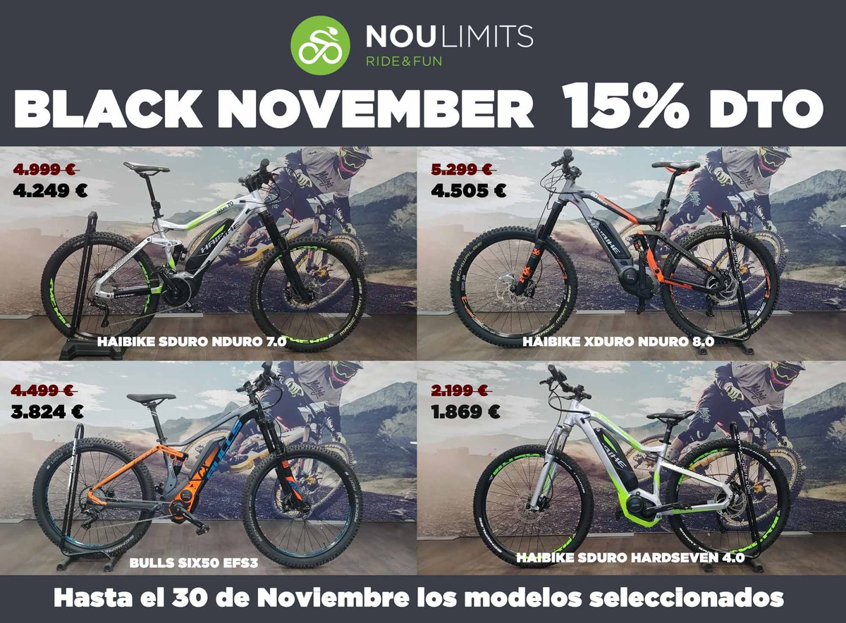 Noulimits_ebike's tweet photo. BLACK NOVEMBER en Noulimits.
Hasta el 30 de noviembre en los modelos seleccionados.
https://t.co/H4jrrln7OK
#haibike #bulls #blackfriday #regalo #descuento #noulimits #fun&ride https://t.co/lqW1MnE2OI