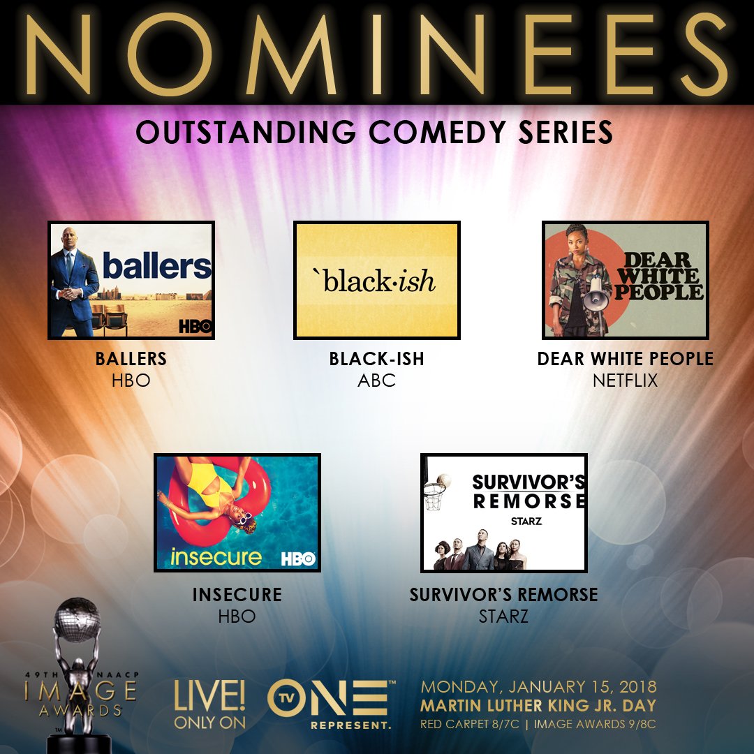 Congratulations to <a href="/BallersHBO/">Ballers</a> <a href="/blackishabc/">black-ish</a> <a href="/DearWhitePeople/">Dear White People</a> <a href="/insecurehbo/">insecurehbo</a> @sremorse_starz on your nomination for ‘Outstanding Comedy Series’! #ImageAwards #ATT