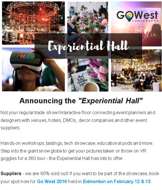 lcalderwood's tweet photo. RT @brentjtaylor: There is a place for all event professionals at GO WEST 2018. We still have room for exhibitors in our Experiential Hall. Hope to see you there! https://t.co/6SSUnhLpg3 #eventprofs #yegevents #mpi #pcma #ilea https://t.co/T6RrWyzGtQ #mpigcc