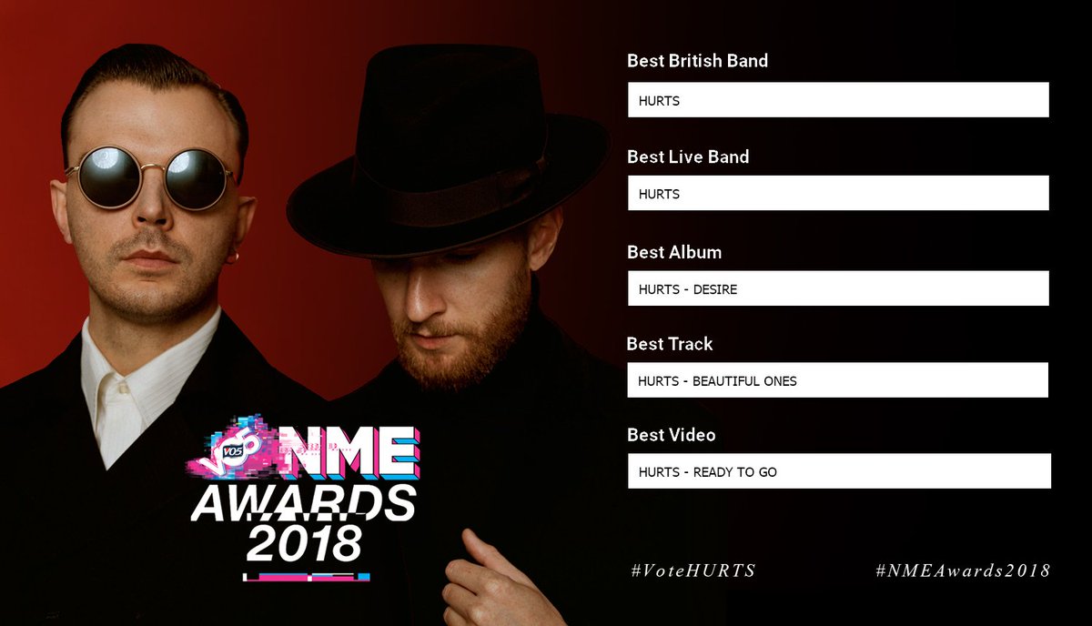 WeAreHURTS's tweet photo. Vote HURTS in the VO5 NME Awards 2018 | https://t.co/5uZKjUtIM9 https://t.co/RNdpMs27Wb