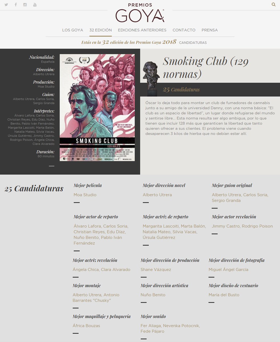 Feliz y orgulloso del equipazo que ha hecho posible que <a href="/SmokingClub129/">Smoking Club</a> opte a los <a href="/PremiosGoya/">Premios Goya</a> #Goya2018 premiosgoya.com/pelicula/smoki…