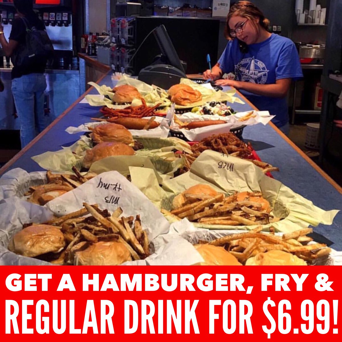 BlueSkyLubbock's tweet photo. Get a Hamburger, Fry &amp; Regular Drink for $6.99! OR, sub your drink4 a draft beer for $1 more! ALL DAY, EVERY MONDAY! https://t.co/wbvPzeS1ph