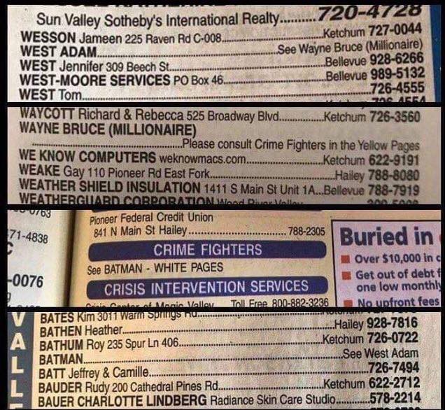 BobMaunsell's tweet photo. Sadly we lost Bruce Wayne in July. It was recently discovered that the long-time entertainer had one last trick up his sleeve. This was his actual phone book listing in Ketchum, Idaho where he lived. RIP BATMAN #batman #crimefighter #phonebook https://t.co/LeAd2mGoxn