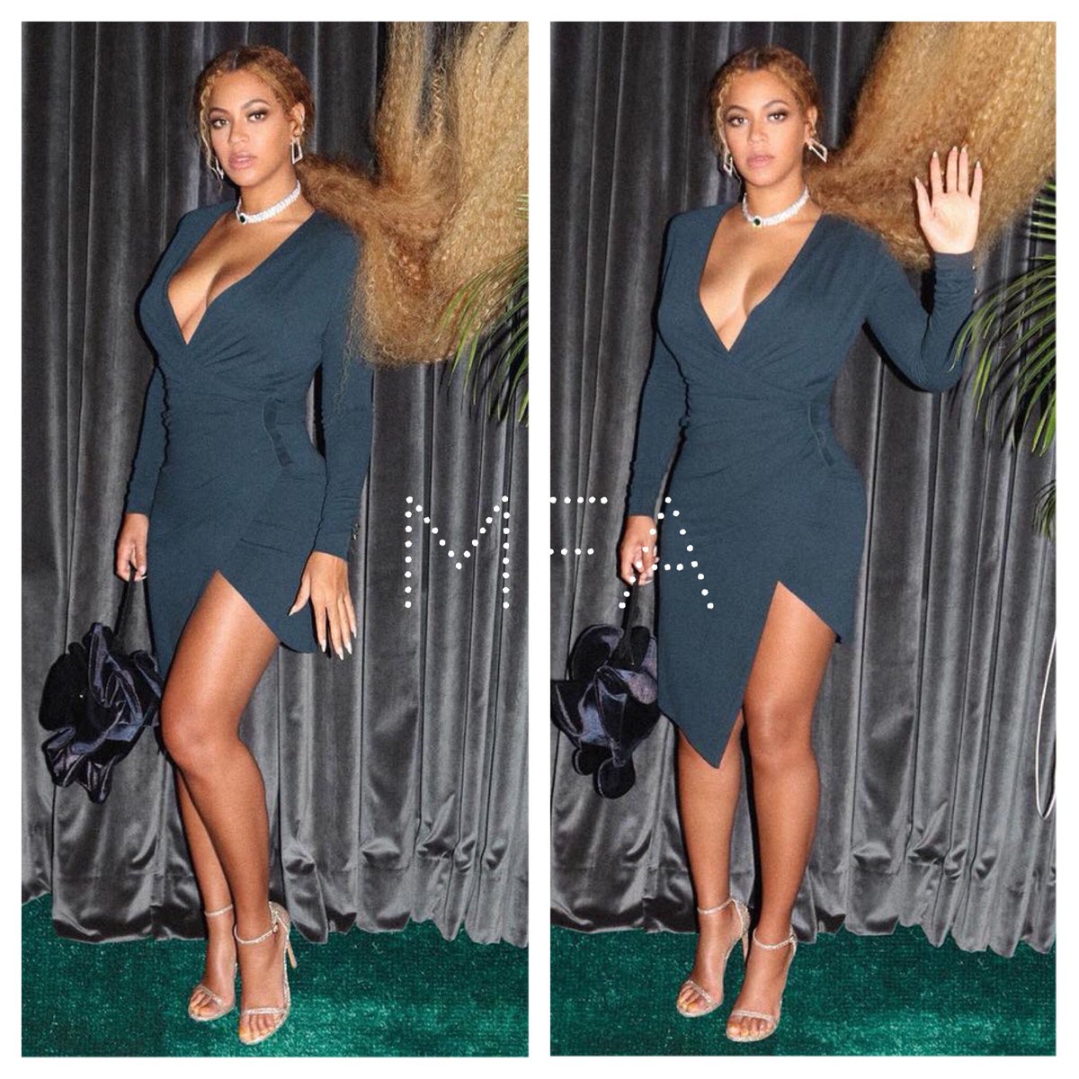 MishadyMedia's tweet photo. @beyonce flaunts her curves as she attended @serenawilliams wedding party in a @alexandrevauthier Gathered Dress paired with @stuartweitzman Platinum Lame Nudist Sandals and @chiarabonilapetiterobe Bag. https://t.co/Z8GYnQRhmB