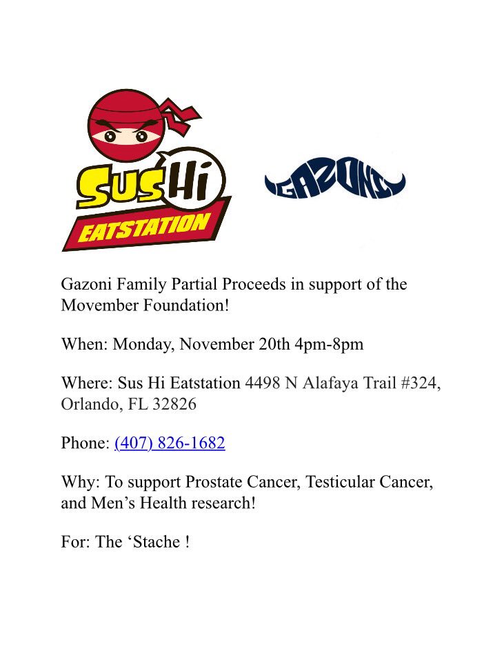 SUS-HIIIIIII:
The Gazoni Family will be having a partial proceeds event TODAY from 4-8 PM. PLEASE come get your sushi bowl on in the name of <a href="/Movember/">Movember USA</a> and men’s health. All proceeds 100% donated to the Gazoni Movember page!!!