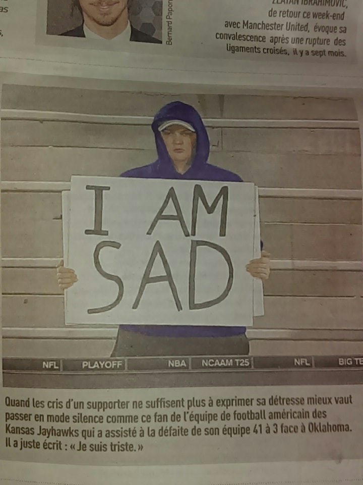 Congratz "I am sad" Kansas fan. You made it to L'Equipe in France. r/CFB