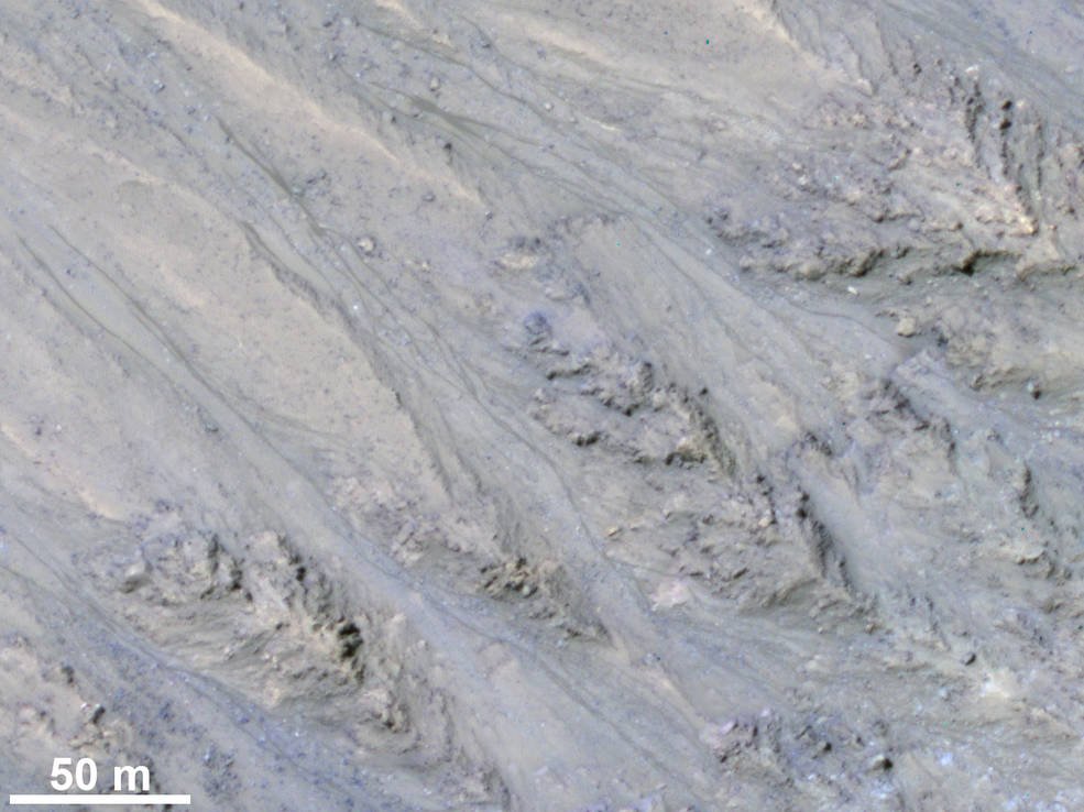 NASA's tweet photo. Dark features on Mars previously considered evidence for subsurface flowing of water are interpreted by new research as granular flows, where grains of sand and dust slip downhill to make dark streaks. Find out more: https://t.co/1sZXN0YAvB https://t.co/NPlebxRVI3